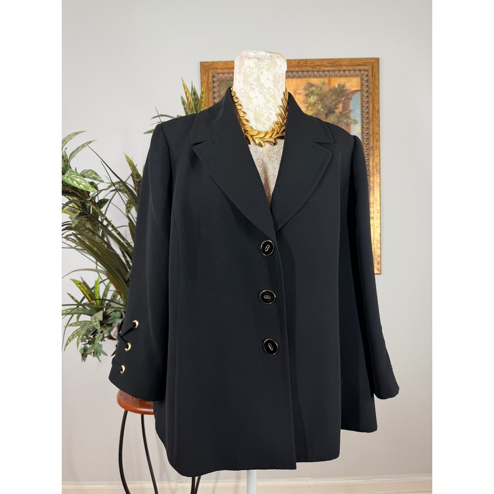 Kasper Blazer Woman 14W Black Polyester Lace Up Grommet Detail 3/4 Sleeve Jacket